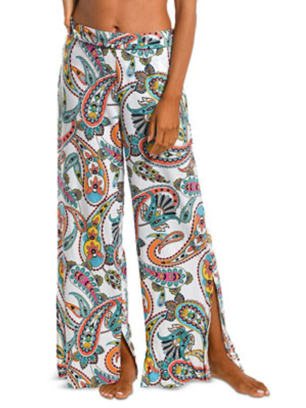 LA BLANCA Boho Paisley Resort Beach Pants Side Slit Wide Leg NWT Size S